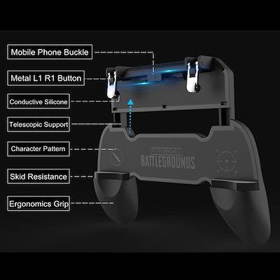 Mobile Game Controller (Category: Controllers) located in Singapore. Submitted by kondojoy (Listing ID 277383170, Image 2). Description: Mobile Game Controller Compatible for FPS games like PUBG etc Product Model: W10 Product Material: ABS Product Weight: 125g Product Size: 158x124x37mm Tensile Length: 33mm Suitable Model: 4.7-6.5 inches .