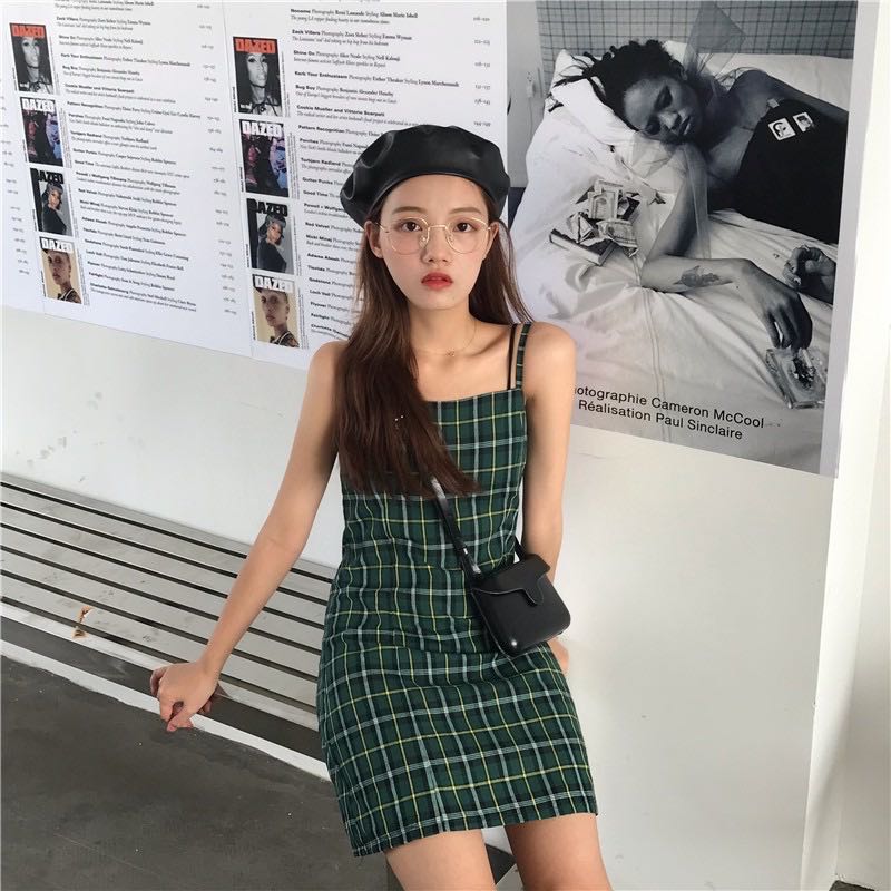 640 green checkered plaid grid spaghetti strap dress ulzzang korean vintage retro gingham