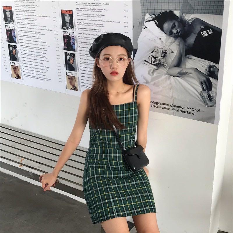 640 green checkered plaid grid spaghetti strap dress ulzzang korean vintage retro gingham