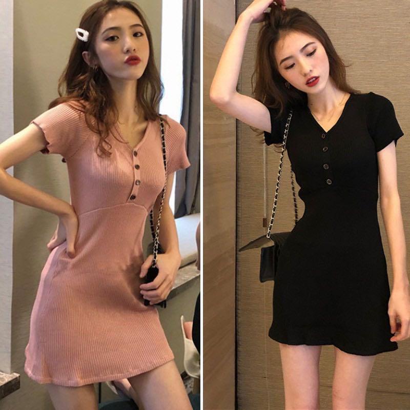641 maroon pink black button up bodycon ribbed dress summer ulzzang korean vintage retro button up shirt dress