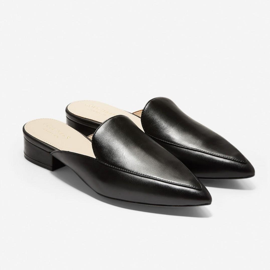 black leather slip on mules