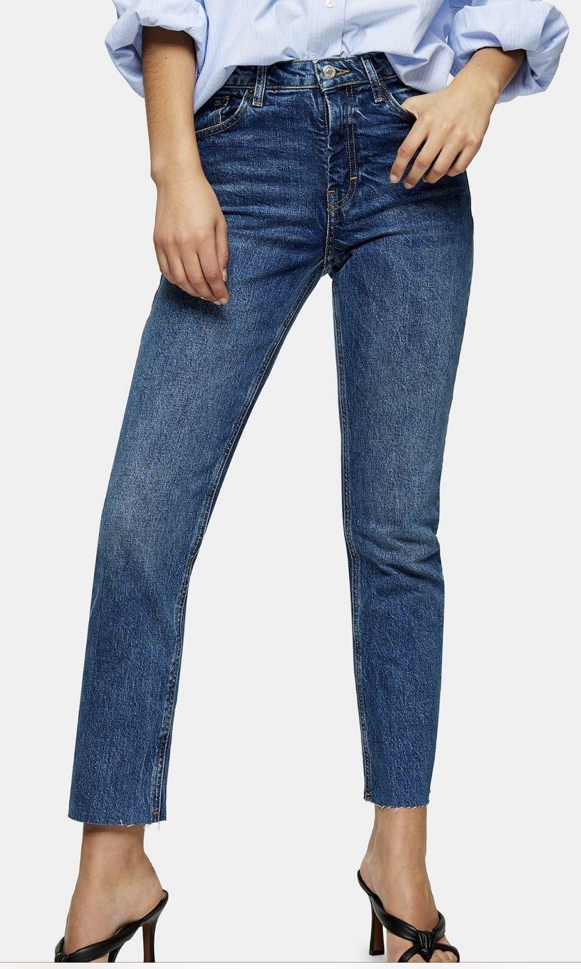 topshop mid blue raw hem straight jeans