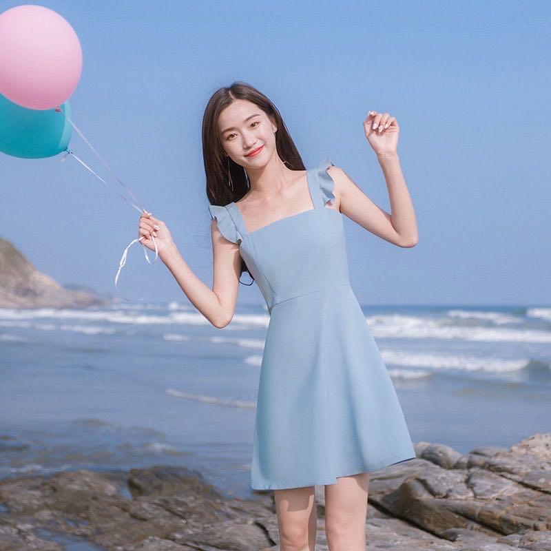 645 5 COLOURS green blue pink red yellow flutter sleeves dress knee length sweet pastel summer casual dress ulzzang korean vintage retro