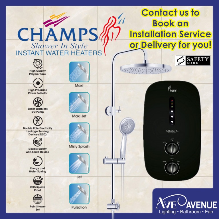 Champs Instant Water Heater With Rain Shower and Booster Pumps, TV