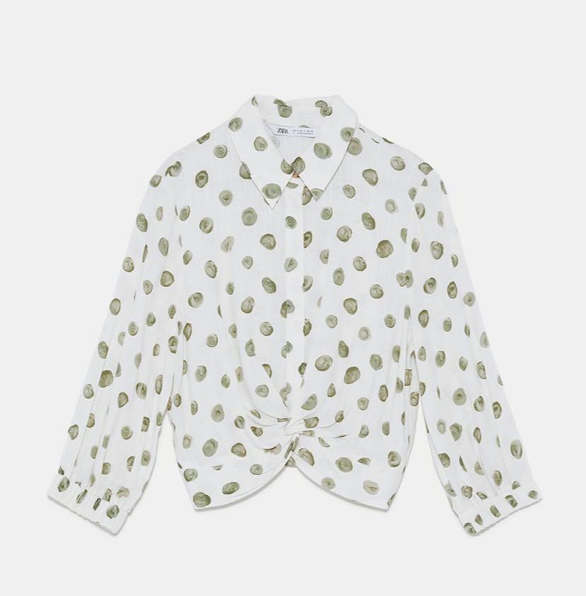 BNWT Zara Polka Dot Shirt With Front Knot, Women's Fashion, Tops