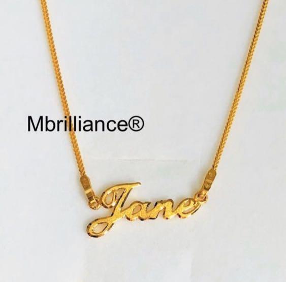 Gold name necklace set (Category: Necklaces) located in Singapore. Submitted by sheen_mbrilliance916gold (Listing ID 278043633, Image 1). Description: 916 Gold Name Necklace Set Customise name pendant necklace set in solid 22k gold/ 916 Gold by Mbrilliance Purity : 22k purity yellow gold , 916 GOLD 1) weight : appx 5 grams (+/-) Appx Size : Refer to pictures listed. Price listed is a guide for up to 5 alphabets with peoples chain necklace. ** Add