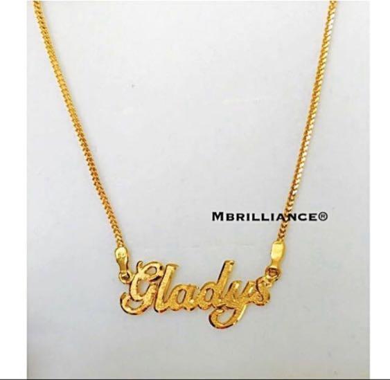 Gold name necklace set (Category: Necklaces) located in Singapore. Submitted by sheen_mbrilliance916gold (Listing ID 278043633, Image 2). Description: 916 Gold Name Necklace Set Customise name pendant necklace set in solid 22k gold/ 916 Gold by Mbrilliance Purity : 22k purity yellow gold , 916 GOLD 1) weight : appx 5 grams (+/-) Appx Size : Refer to pictures listed. Price listed is a guide for up to 5 alphabets with peoples chain necklace. ** Add