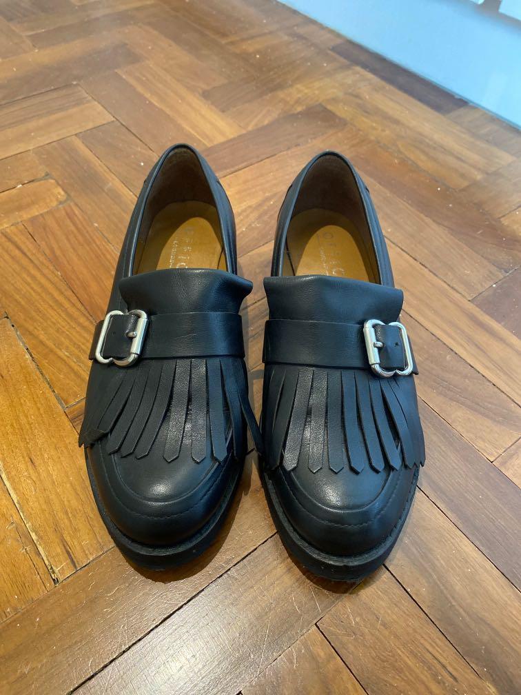 office fisher chunky black leather fringed buckle loafers