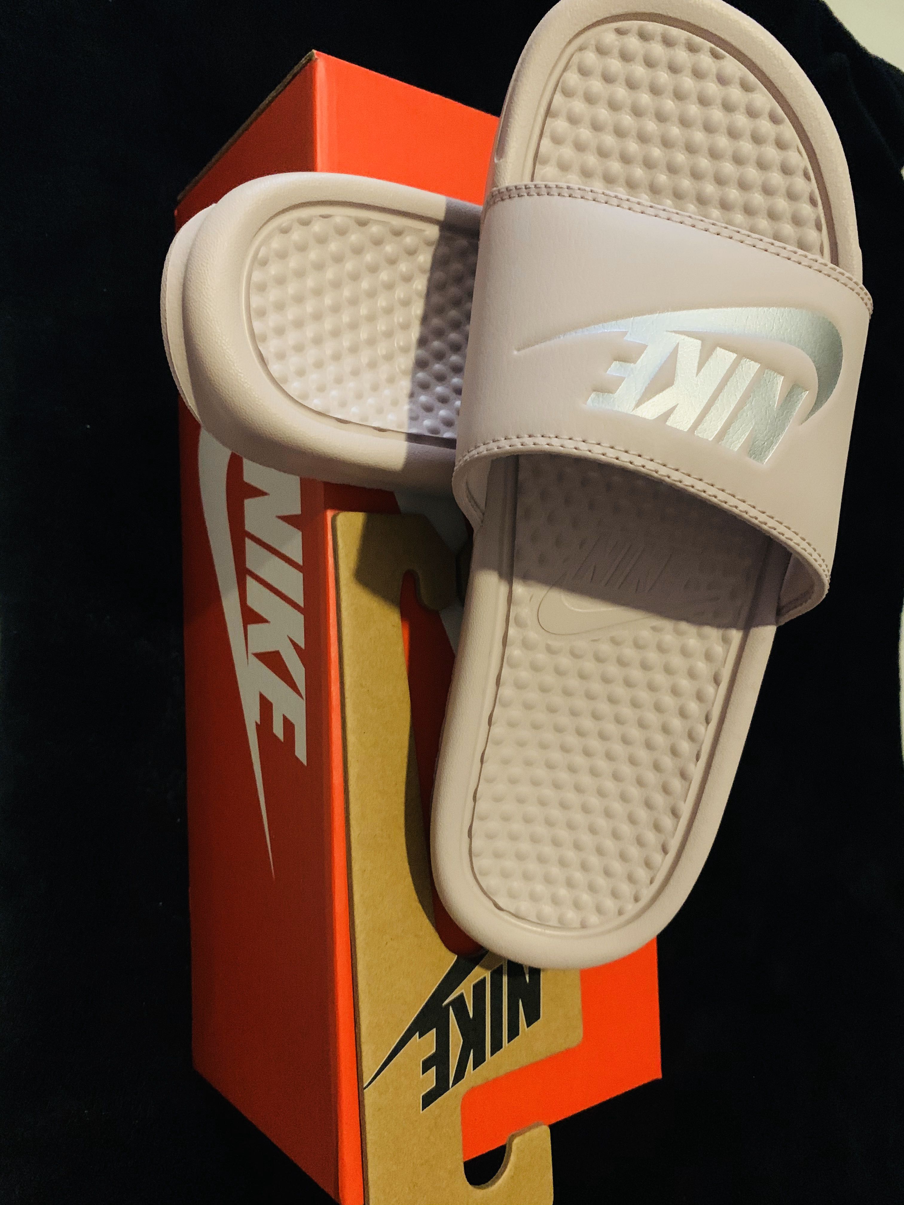 particle rose nike slides