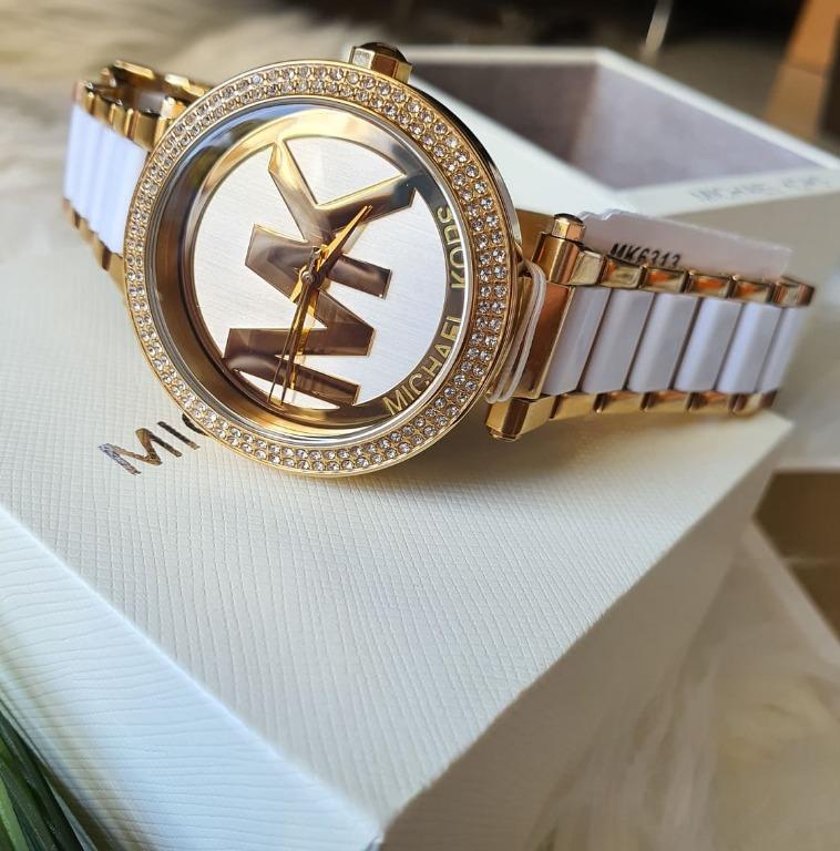 Michael Kors Parker Gold-Tone and White Acetate Ladies Watch MK6313 ...