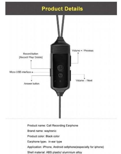 Koolertron call outlet recording earphone