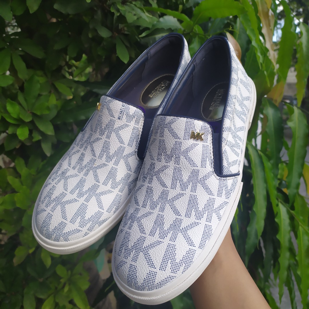 Michael Kors Keaton Blue Monogram Slip On Sneakers Women s