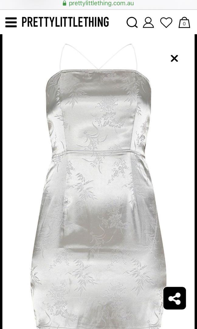 silver satin oriental lace up back bodycon dress