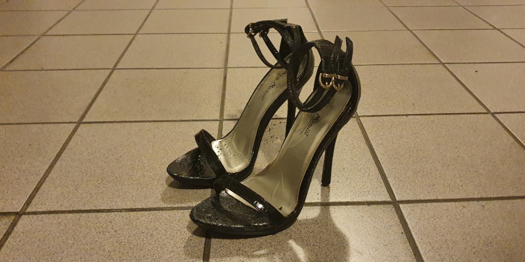 black leather open toe heels