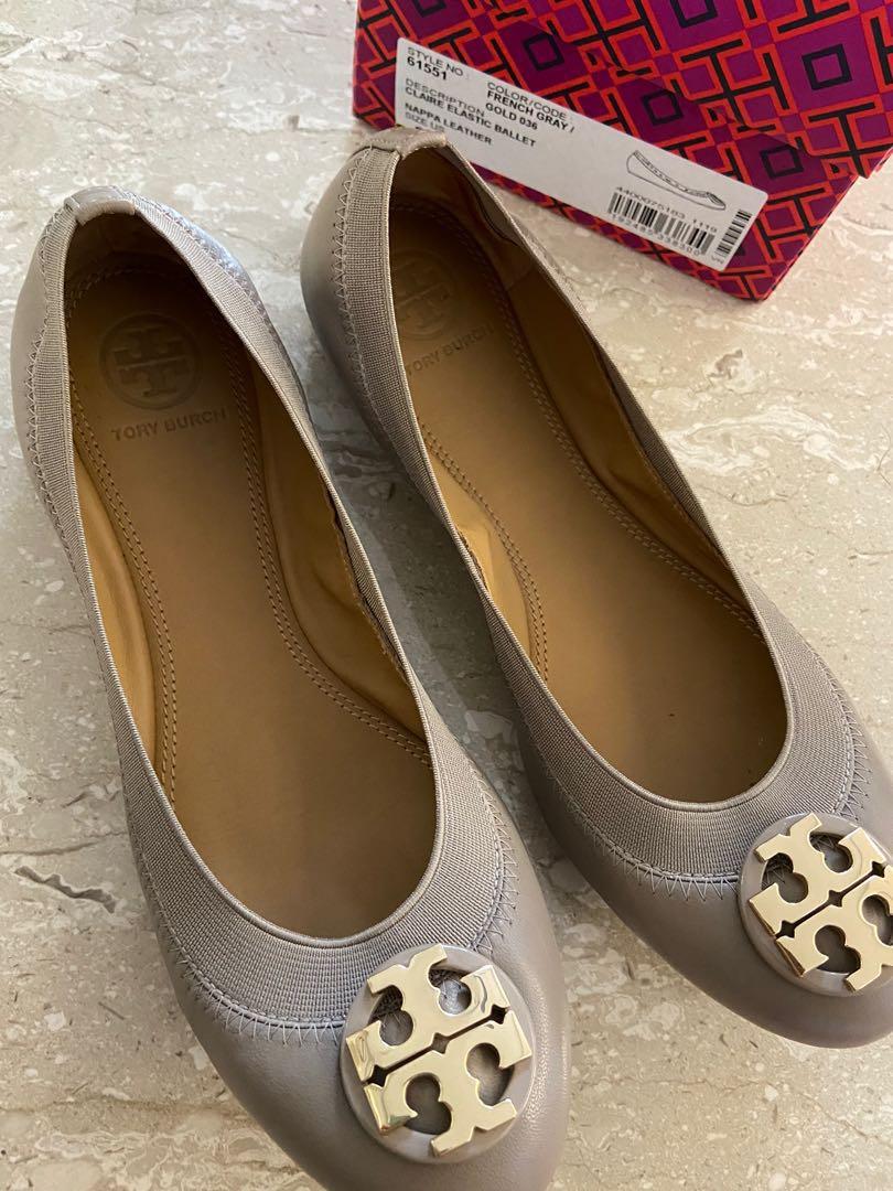 Tory Burch 36  Claire French Grey Gold Elastic nappa leather ballet flats  w Vibram soles, Women's Fashion, Footwear, Flats on Carousell