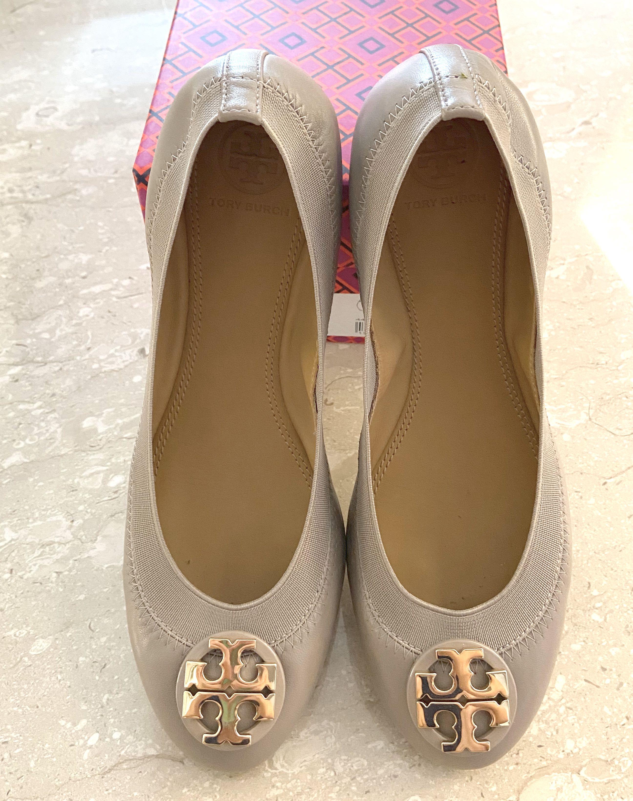 Tory Burch 36  Claire French Grey Gold Elastic nappa leather ballet flats  w Vibram soles, Women's Fashion, Footwear, Flats on Carousell