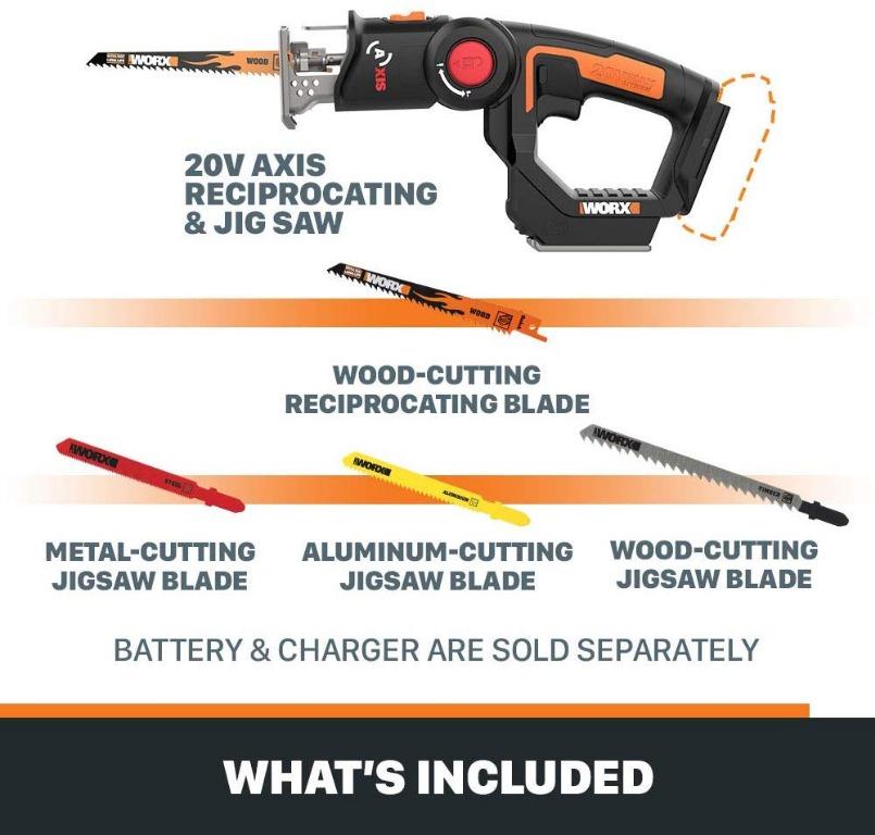 Worx 20V AXIS 2-in-1 Cordless Reciprocating Saw & Jig Saw, Orbital Cutting  Reciprocating Saw, Pivoting Head Jigsaw Tool with Tool-Free Blade Change