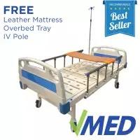 Two Cranks Hospital Bed with Wooden Dining Table , IV Pole, Wheels and Leatherette Mattress