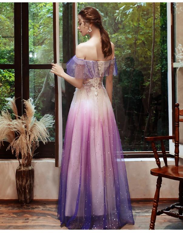 Purple off the shop shoulder prom dress
