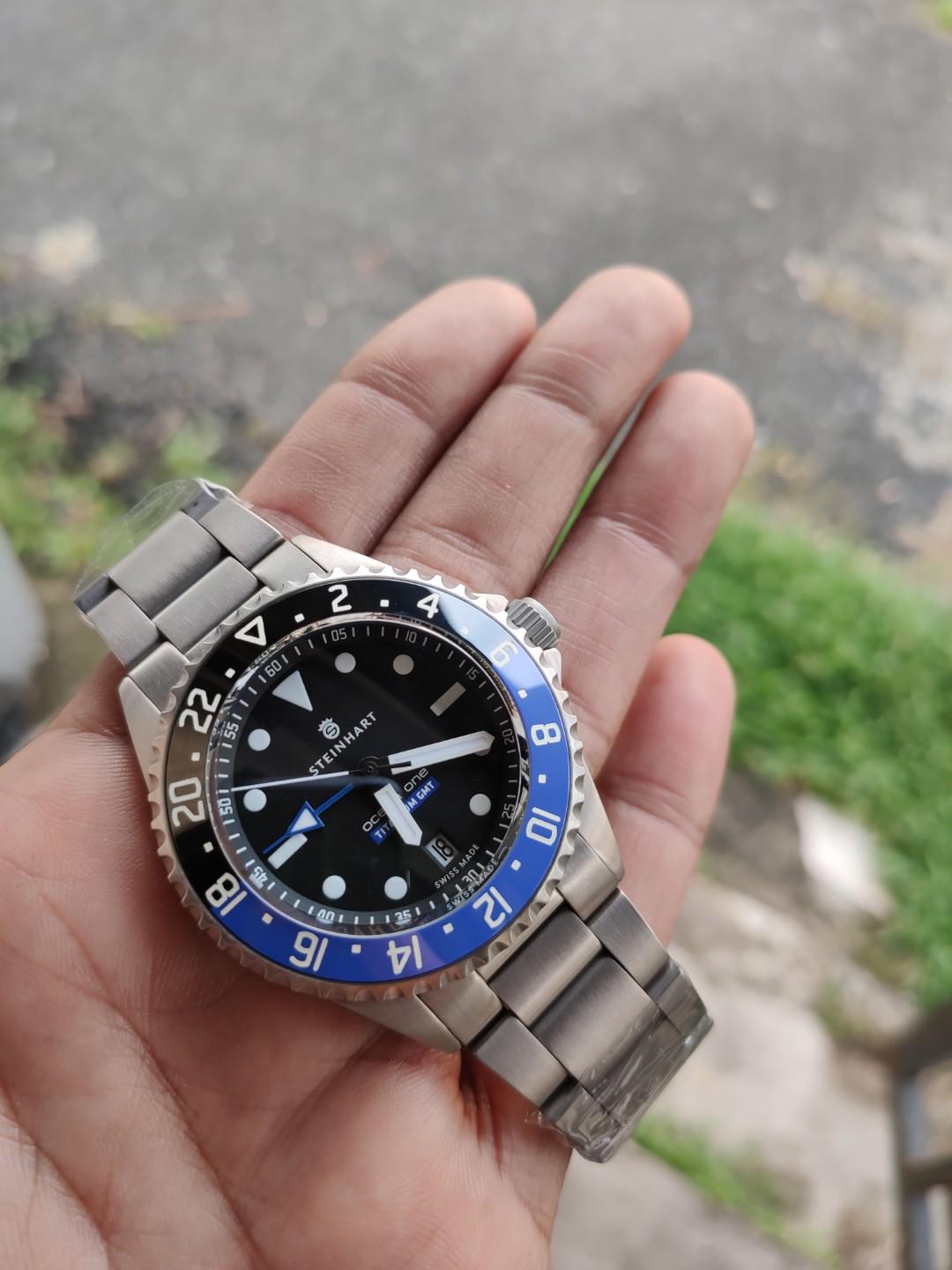 Swiss made steinhart ocean gmt batman 42mm titanium watch Men s