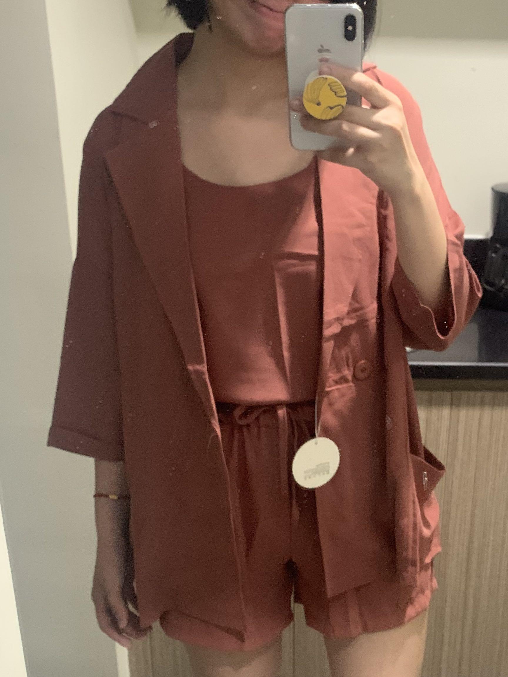 3-piece terno (garterized shorts, camisole, blazer) (Category: Jumpsuits) located in Manila. Submitted by alissabb (Listing ID 279185230, Image 1). Description: Good as new, used blazer only once. Other items unused, fitted only..