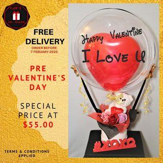 Valentine Day Flower Bouquet with Hot Air Balloon with Plush Bear (Free Delivery)