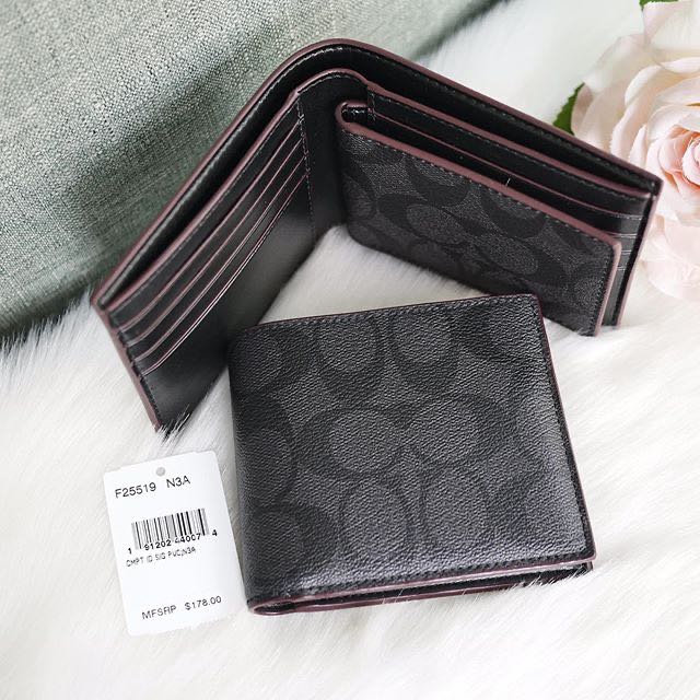 Coach New Authentic Coach MEN COMPACT ID WALLET IN SIGNATURE CANVAS F25519 instock COLOR CHARCOAL