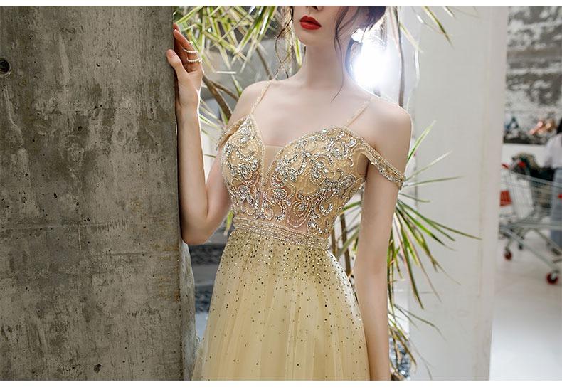 gold and cream prom dress Champagne tulle beads sequin long prom dress tulle formal dress – shdress