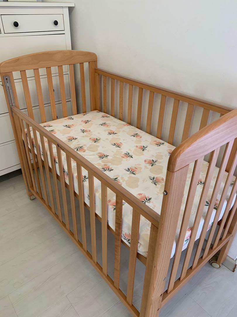 Preloved Beblum Baby Cot in Natural Wood, Babies & Kids, Baby Nursery & Kids Furniture, Cots