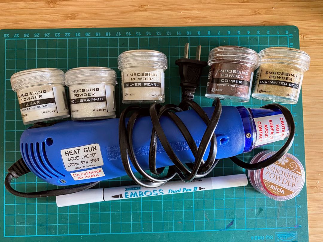 Set of embossing heat gun and embossing powders, Hobbies & Toys