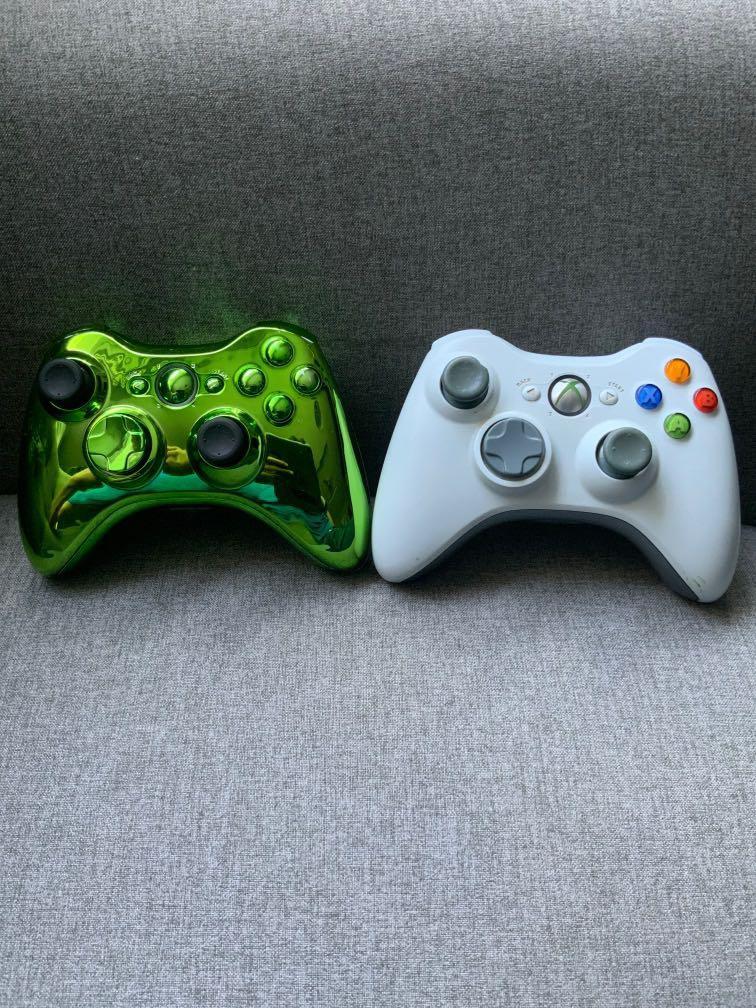 Modded Xbox 360 Controller (Category: Controllers) located in Singapore. Submitted by interstic.digital (Listing ID 279370434, Image 1). Description: $20 for one and $35 for both. Green one is modded with a replaced shiny green plating. Green condition: 8.7/10. White condition: 6.7/10. NOTICE: WHITE IS NO LONGER AVAILABLE..