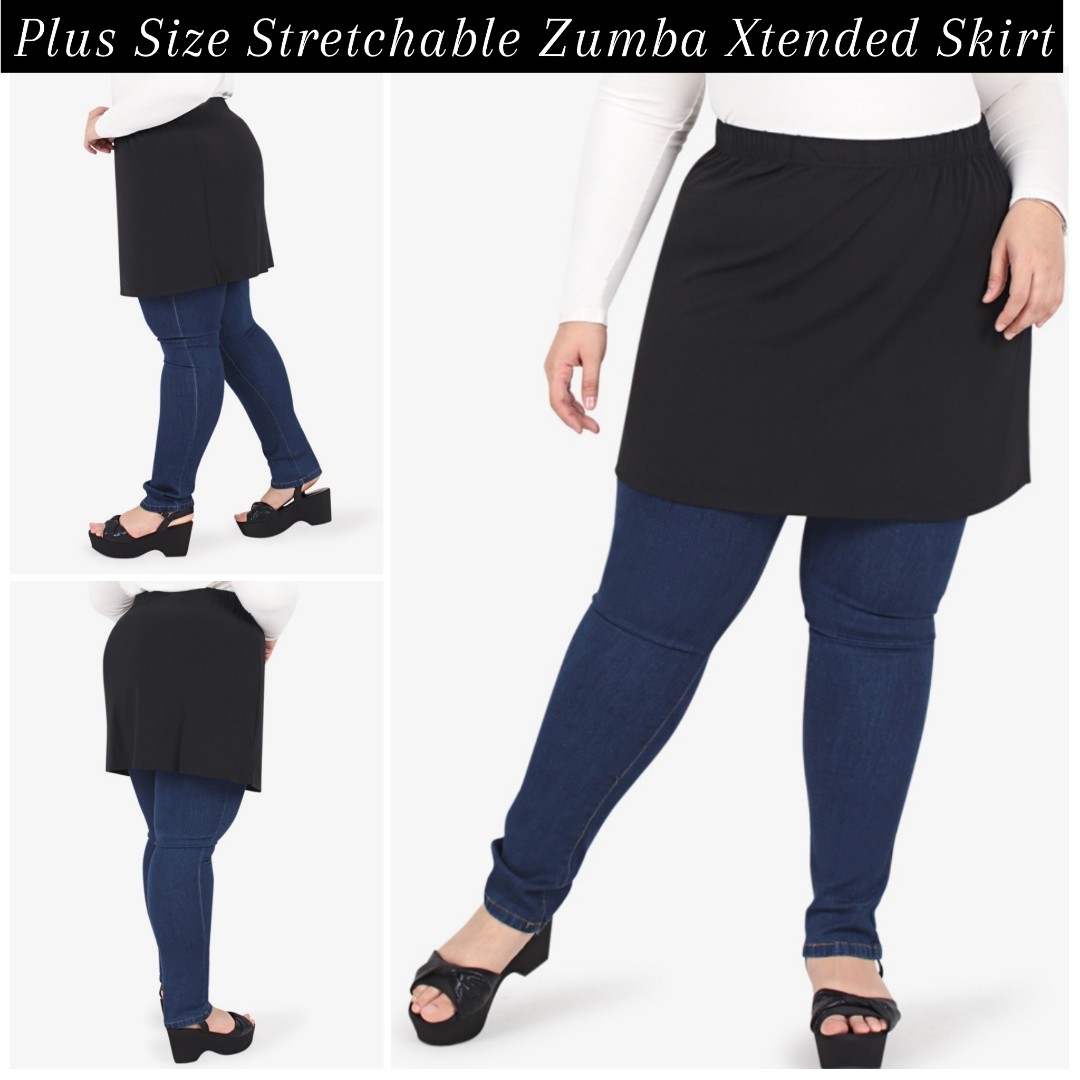 PLUS SIZE STRETCHABLE ZUMBA EXTENDED SKIRT (BLACK) instock limited, Women's Fashion, Muslimah