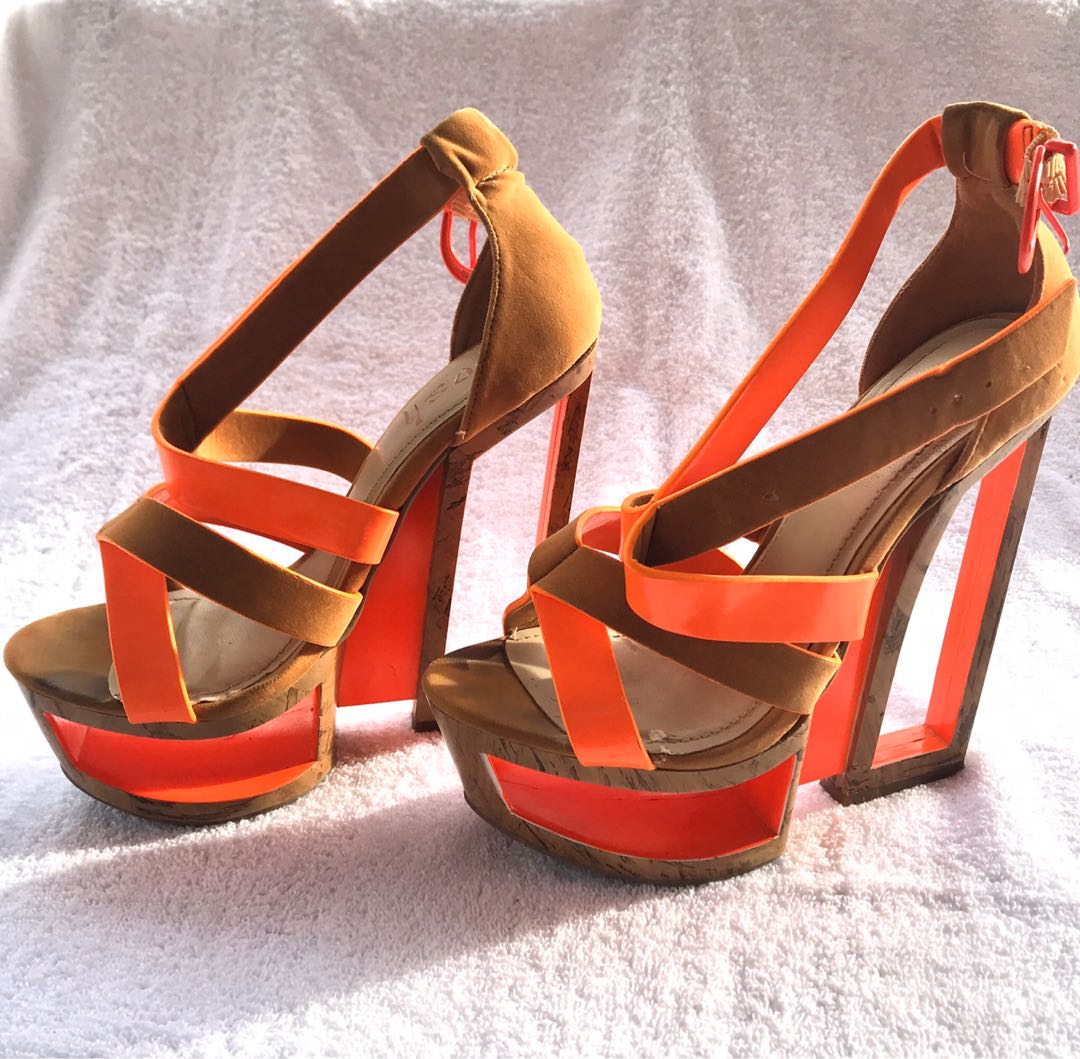 Posh Neon Orange Block Heels 5', Women 
