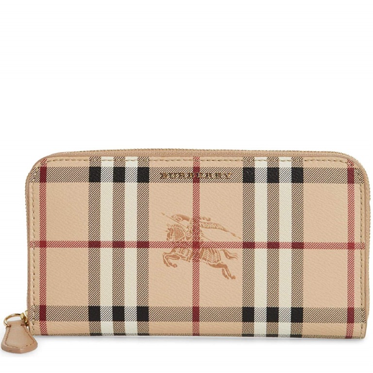 BURBERRY ELMORE HAYMARKET BEIGE ZIP AROUND LEATHER WALLET BURBERRY