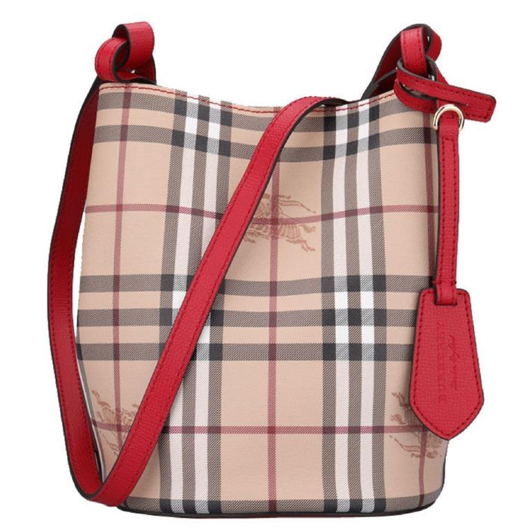 leather and haymarket check crossbody bucket bag