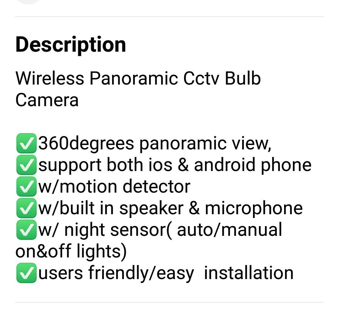 CCTV bulb (Category: Security Systems & CCTV Cameras) located in Mandaluyong City. Submitted by shopmla (Listing ID 279743305, Image 2). Description: Wireless Panoramic CCTV bulb camera Php 980. + SFp.