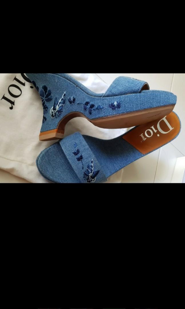 Dior Blue Denim Floral Embroidery Sandals Women s Fashion