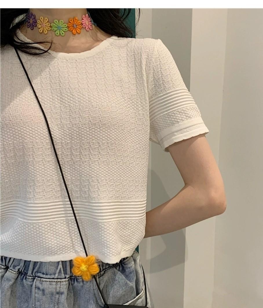 South Korea New Chic Round Neck Knitted Wear 2020 Short Sleeve Top