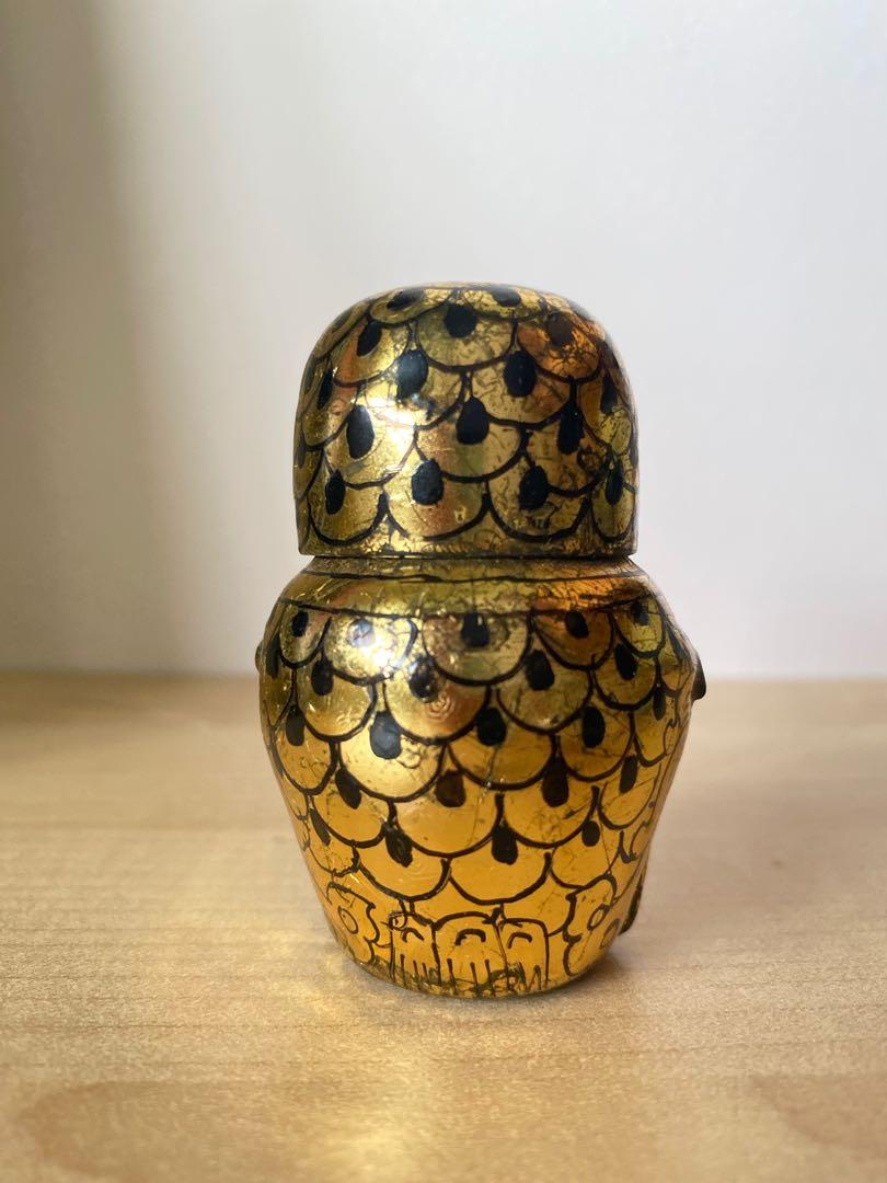Burmese Lacquer Owl Jewelry Box Myanmar Lacquerware Black and Real Gold 24K Leaf