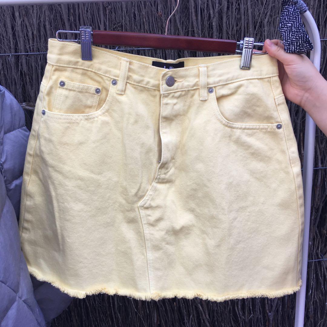 pastel yellow denim skirt