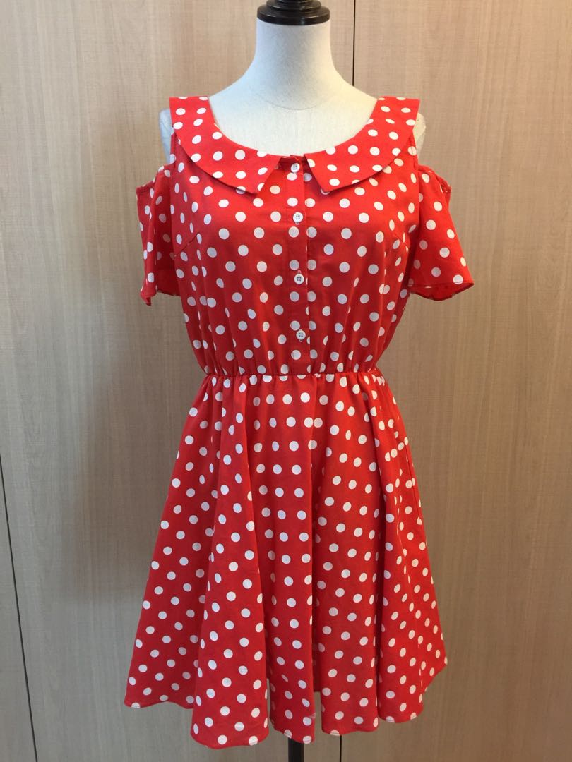 red polka dot off the shoulder dress