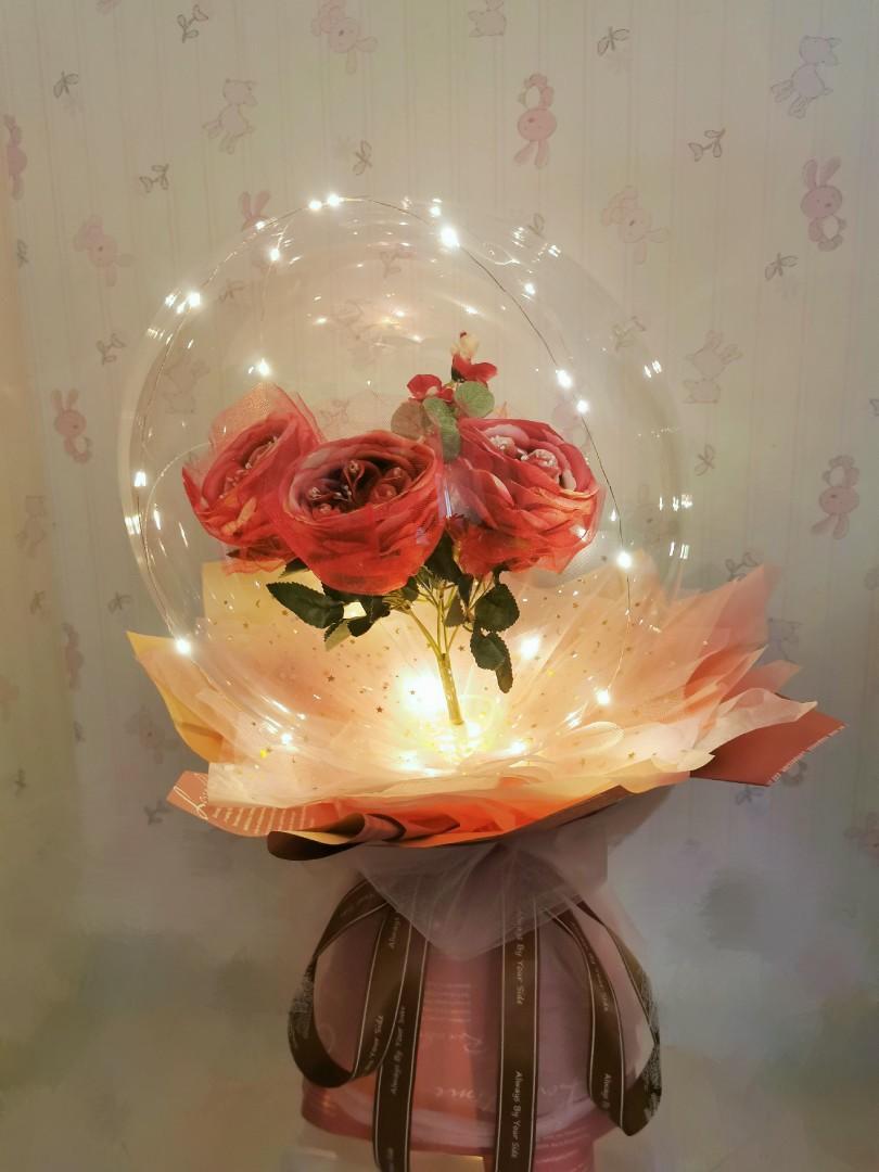 3 x Stalk Red Pink Rose Bouquet Flower Bobo Balloon in a Cleared Latex