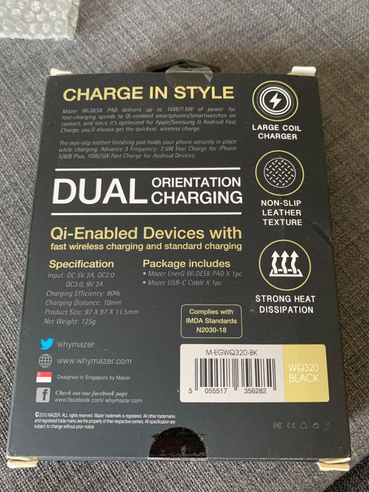 Wireless fast charge (Category: Chargers & Cables) located in Singapore. Submitted by hlm0412 (Listing ID 279852883, Image 1). Description: Larger coil charger Dual orientation charge Leather finishing .