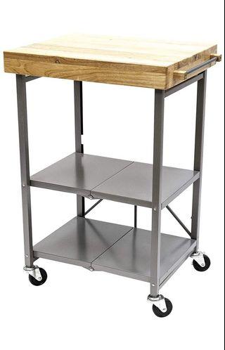 Origami Foldable, Food Serving Cart, Wood Top, Silver