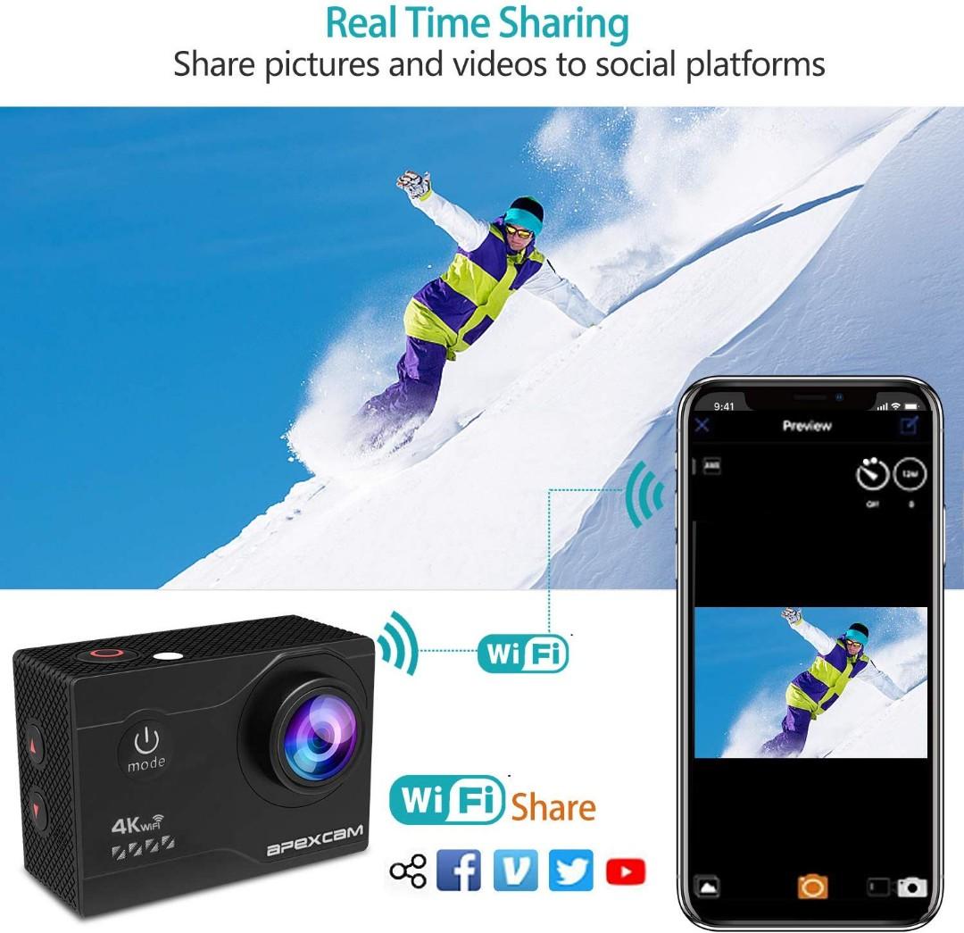 BNIB Apexcam Waterproof action camera 4K 16 MP Wifi Ultra HD 40 m 170 Wide angle 2.4 G Wireless remote control 5.1 cm LCD screen 2 rechargeable