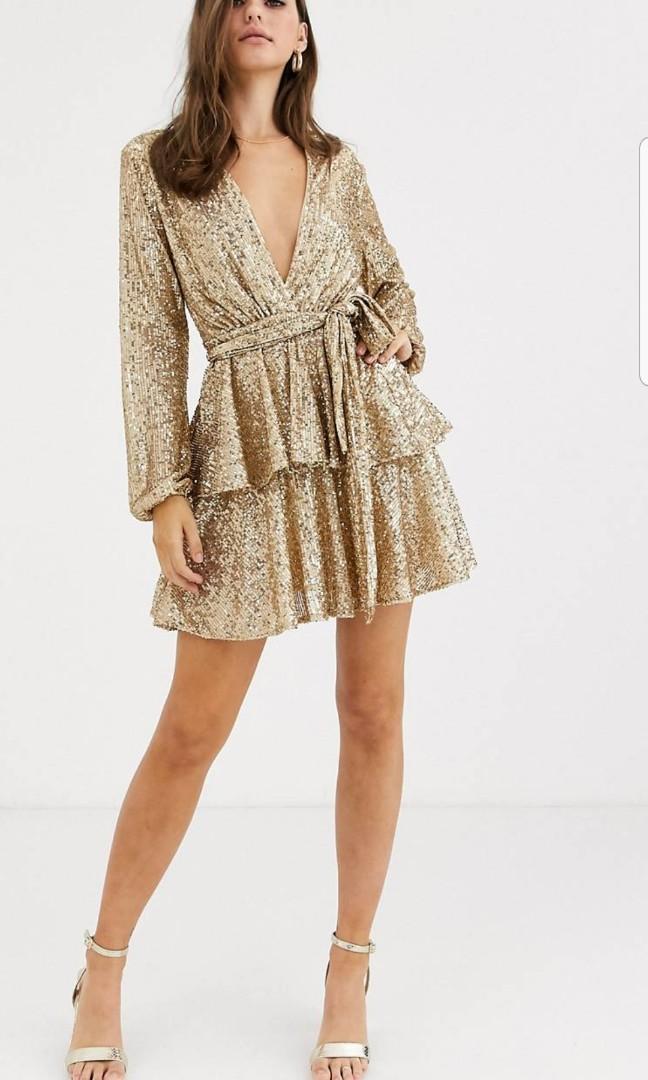 Gold Sequin plunge front skater skirt dress Women s Fashion Dresses Sets Dresses on Carousell