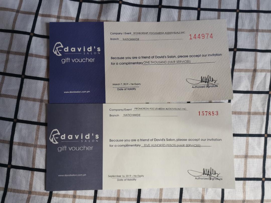 David's Salon worth 1500 (Category: Store Credits) located in San Pedro. Submitted by decluttering.mamamins (Listing ID 280264332, Image 1). Description: David's Salon gift voucher worth 1500php on hair services for only 1200 pesos! 😊 Can be swapped to sodexo GC's of same amount (1500).