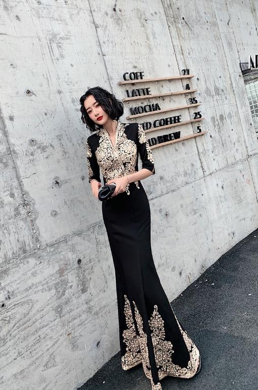 Gold long cheap gowns with sleeves