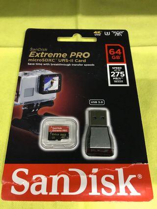 SanDisk  Extreme Pro 64gb 250mbps MicroSD UHS-II microSDXC Memory Card with USB 3.0 Adapter