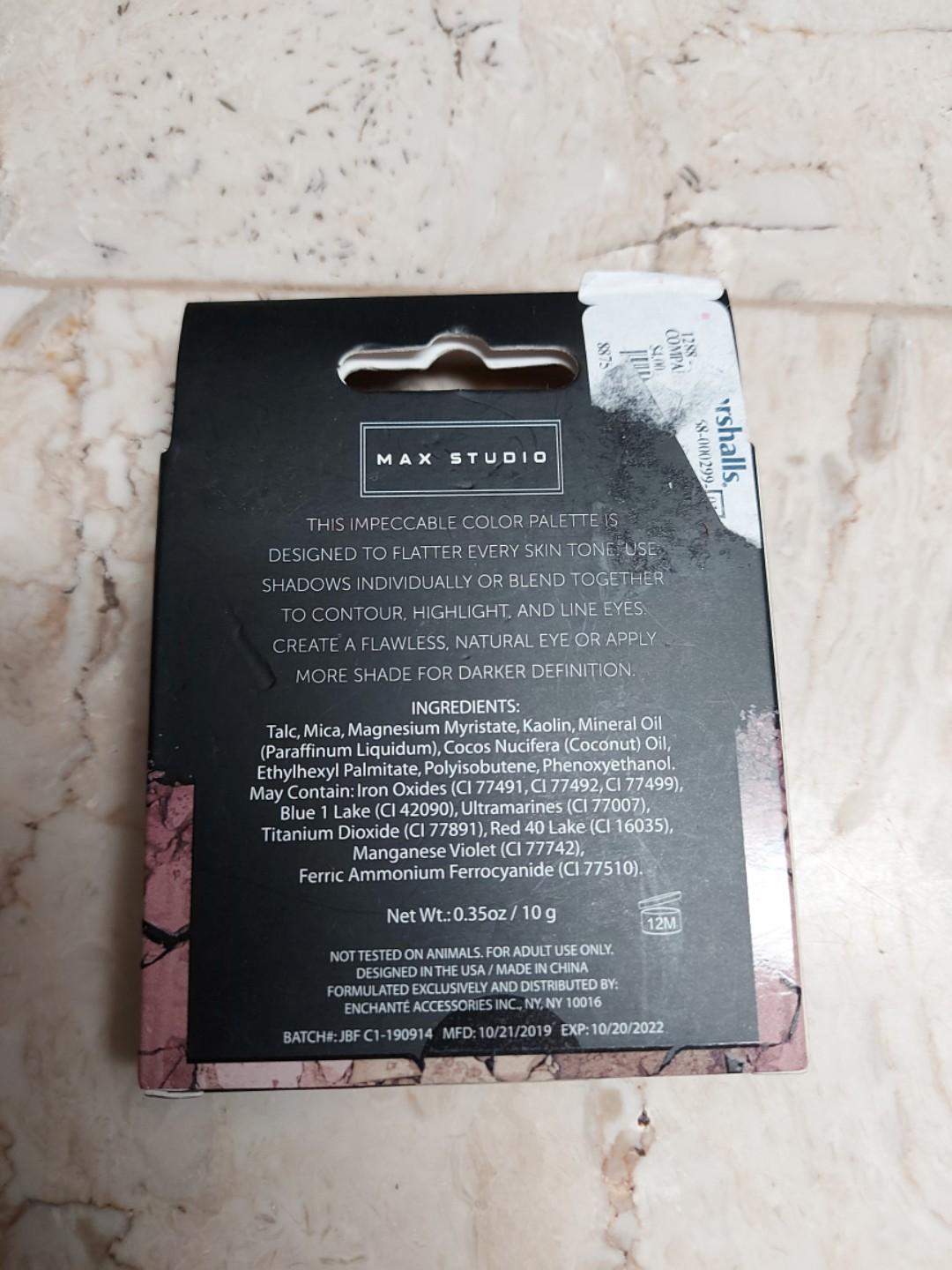 Authentic Max Studio Color Palette (Category: Makeup) located in Lubao. Submitted by bby0818 (Listing ID 280524151, Image 2). Description: Purchased at Marshalls (US) Brandnew and sealed Shelf-life: 12 Months (1 Year).